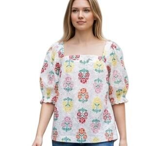 Draper James RSVP Eyelet Floral Cropped Top Womens XL White Puff Sleeve Blouse